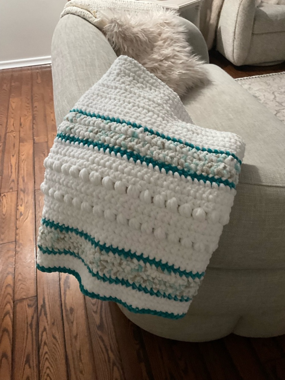 Handmade Chunky Crochet Throw Blanket in White and Teal